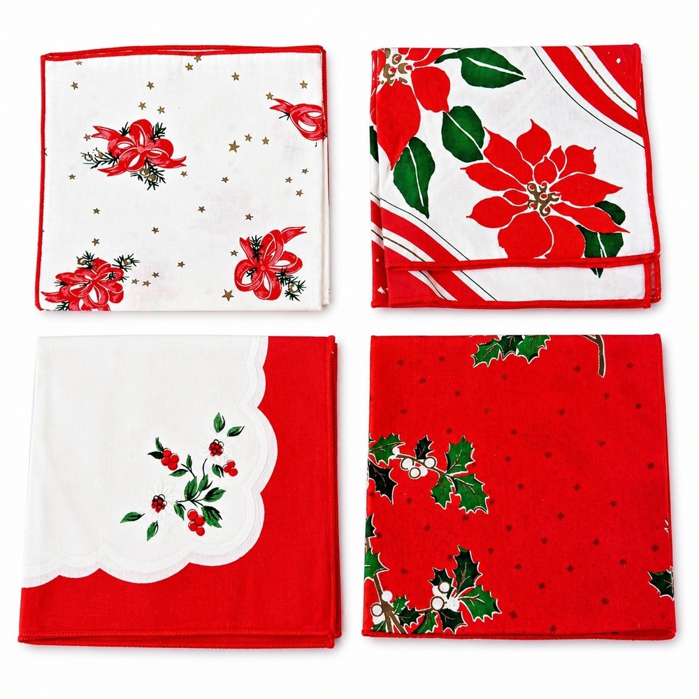 Vintage Christmas Cloth Napkins Set of 4 Holly Poinsettia Red‎ Bows